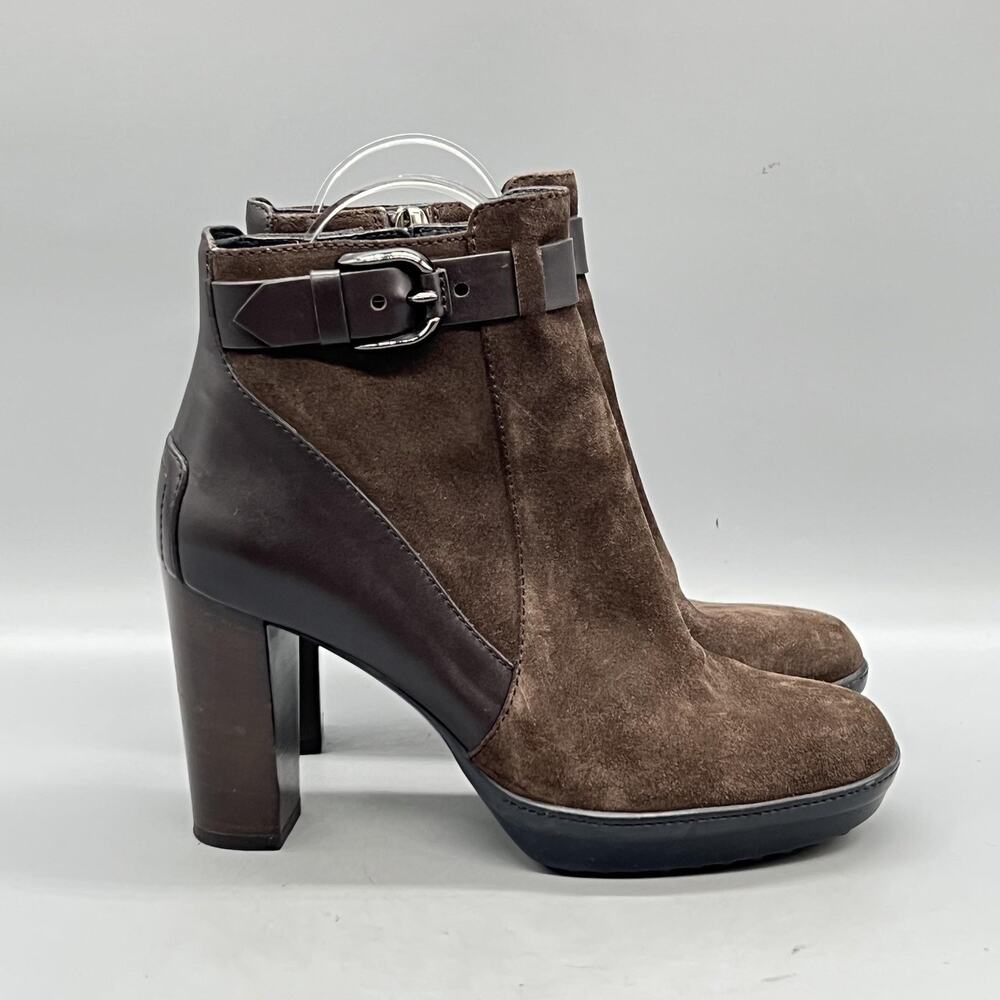 Tod's Boots Womens 5.5 Brown Suede Leather Ankle Buckle Block Heel Booties Shoes